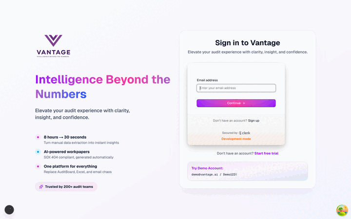 Vantage Platform Demo - Dashboard, Audits, Controls, Issues, and Team Management
